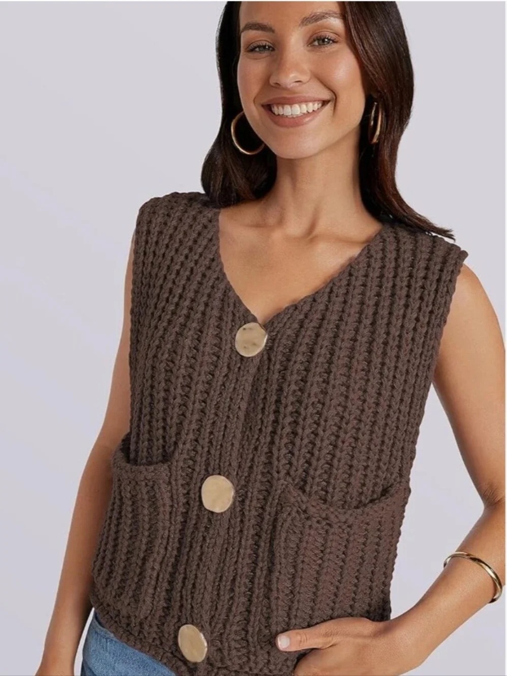 Chunky Knit Button-Front Vest - Brown small